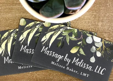 Elegant business cards for Massage by Melissa, LLC in Wausau, Wisconsin, US with nature-themed design.