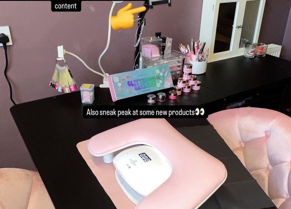 Elegant nail station at The Free Edge in Stornoway, Scotland, GB showcasing manicure tools and products.