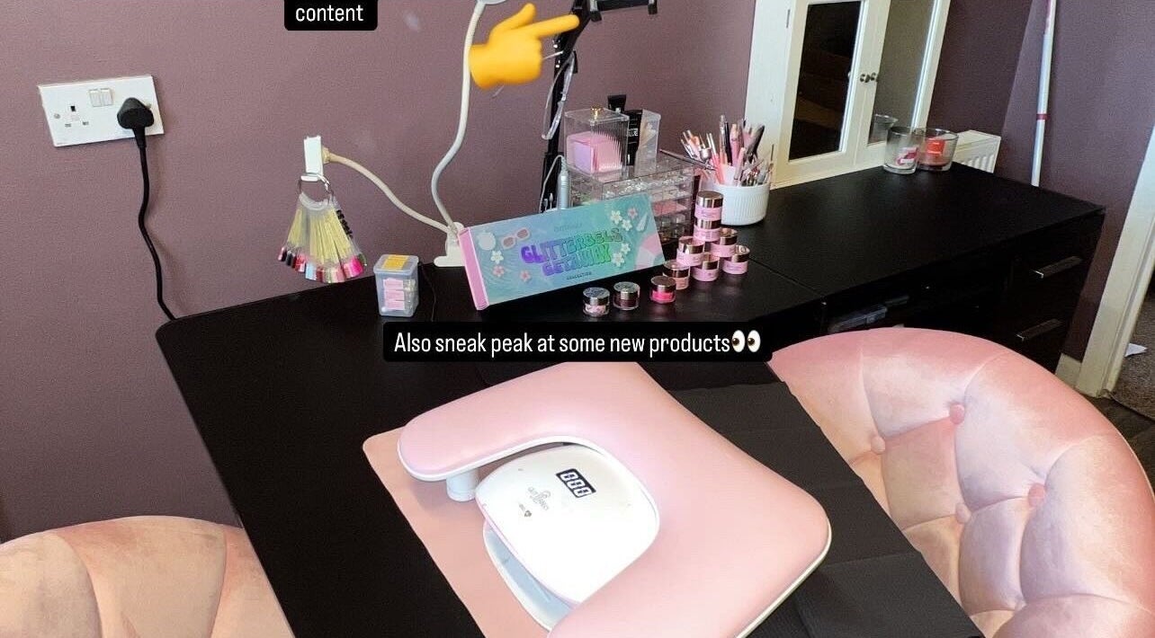 Elegant nail station at The Free Edge in Stornoway, Scotland, GB showcasing manicure tools and products.