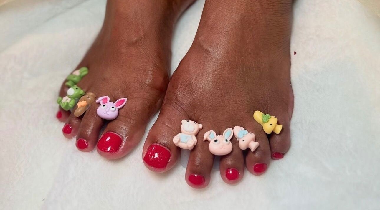 Colorful pedicure with cute 3D nail art at Nailed it by Nattareeya in Saint Helier, St Helier, JE.