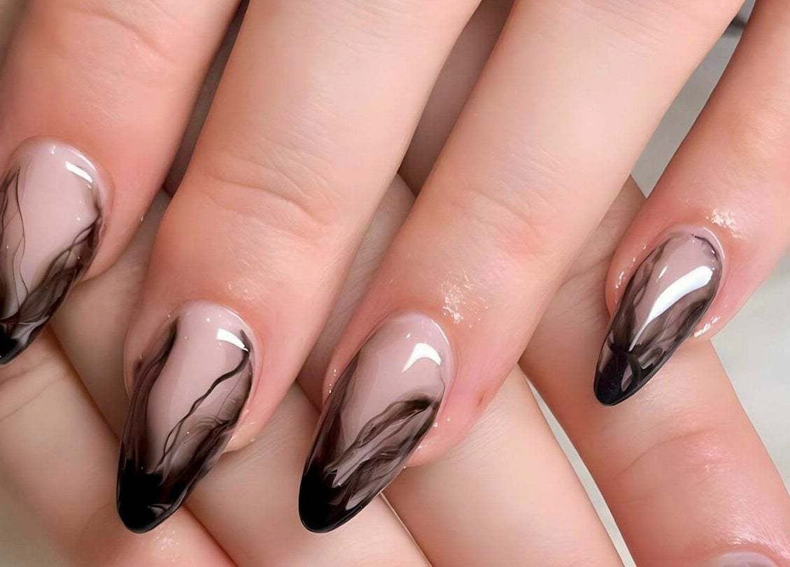 Elegant black swirl nail art at Posy Nail (Homer St.), Vancouver, British Columbia, CA.