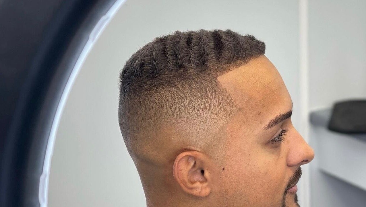 Close-up of a fresh fade haircut at Joshua James Barbers, Huddersfield, England, GB.