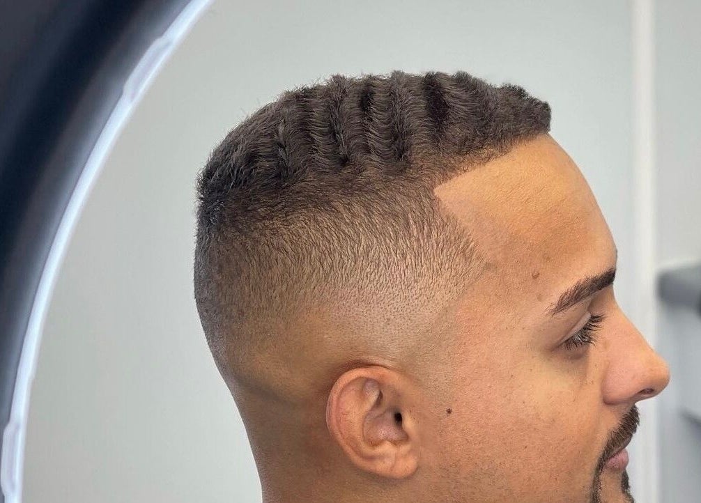 Close-up of a fresh fade haircut at Joshua James Barbers, Huddersfield, England, GB.