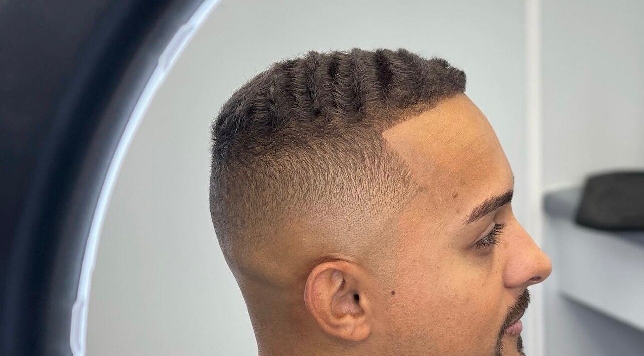 Close-up of a fresh fade haircut at Joshua James Barbers, Huddersfield, England, GB.