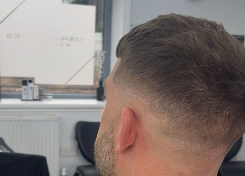 Close-up of a stylish fade haircut at Joshua James Barbers, Huddersfield, England, GB.