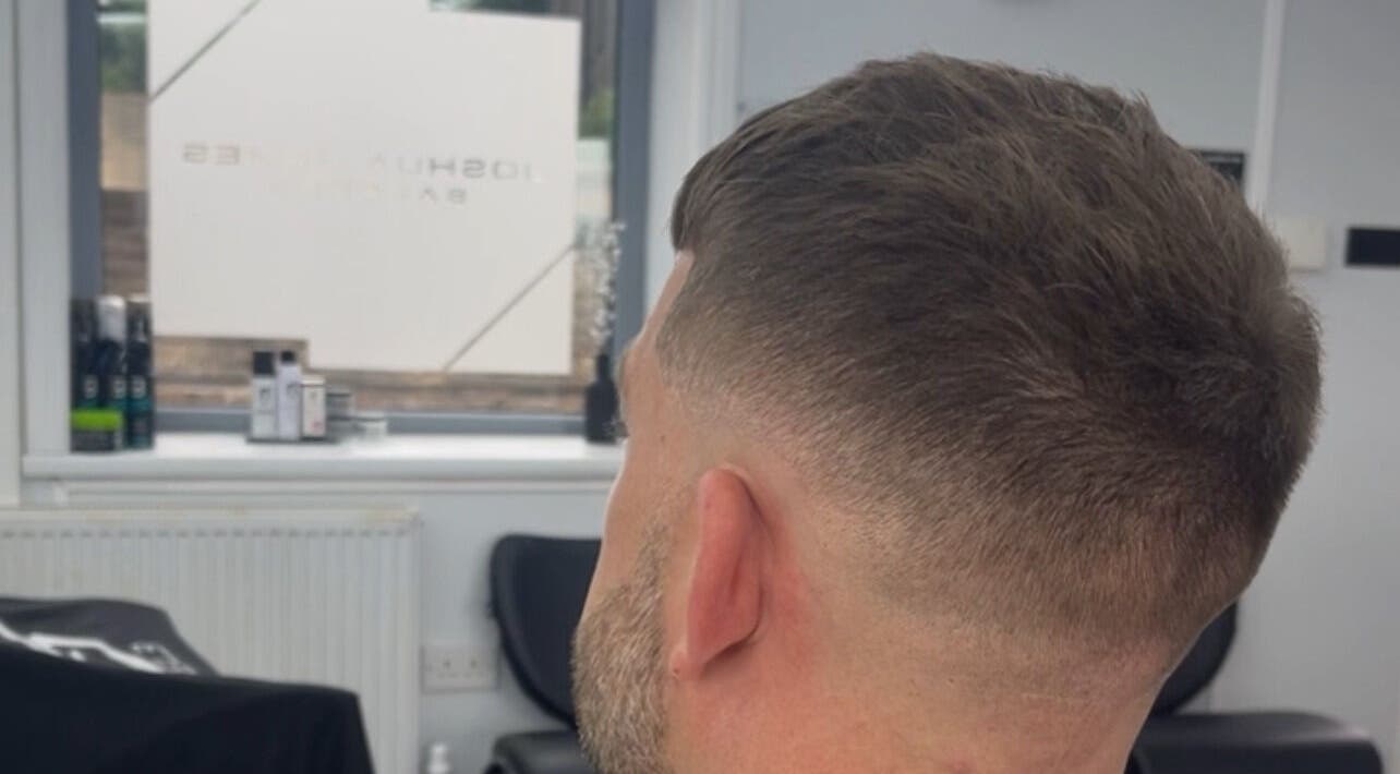 Close-up of a stylish fade haircut at Joshua James Barbers, Huddersfield, England, GB.