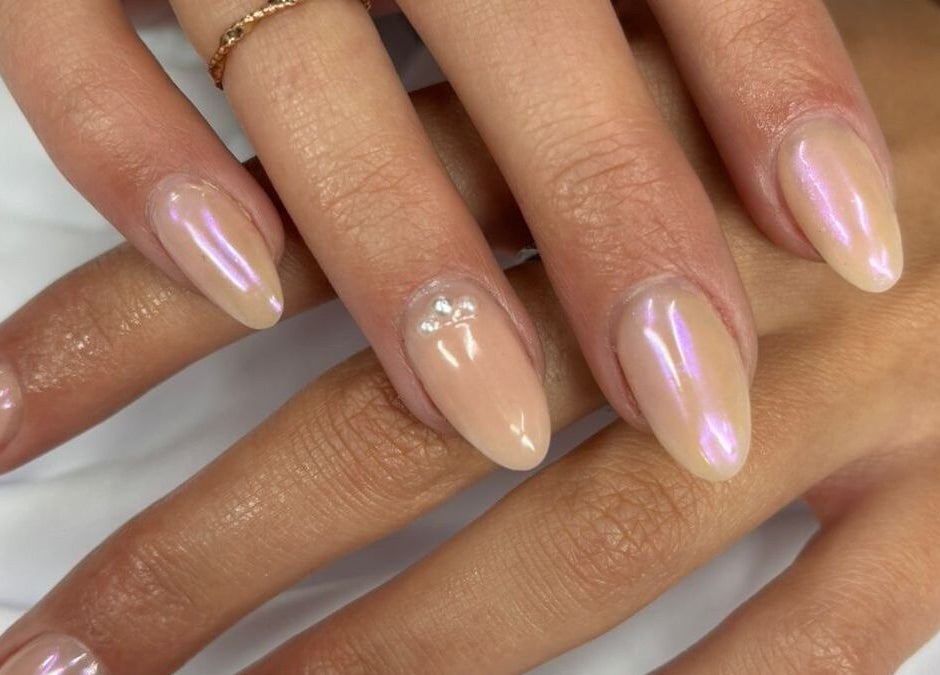 Iridescent nude nails with pearl accents at Danischa Nails, Centurion, Gauteng, ZA.