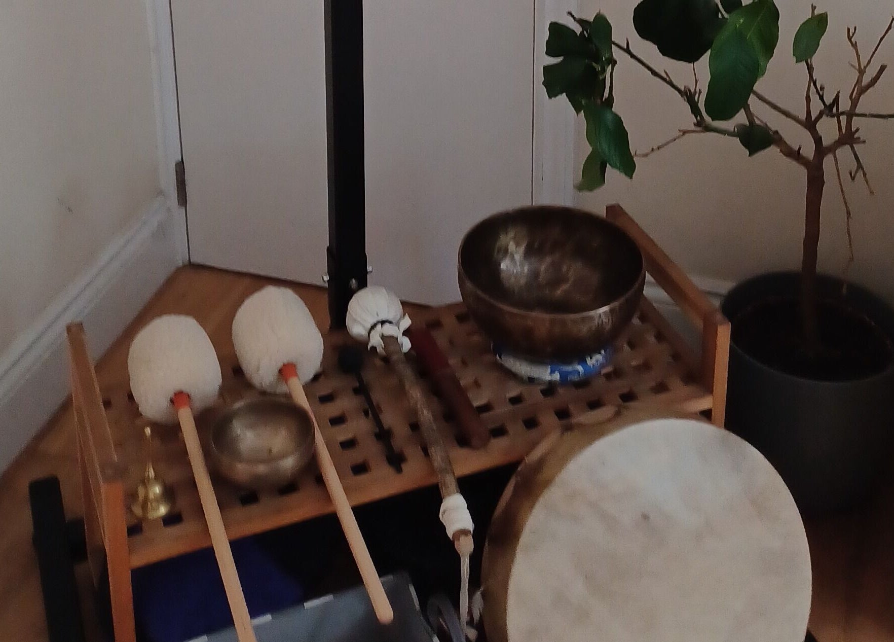 Kernow Serenity's tranquil sound therapy setup in Truro, England, GB, featuring bowls and mallets.