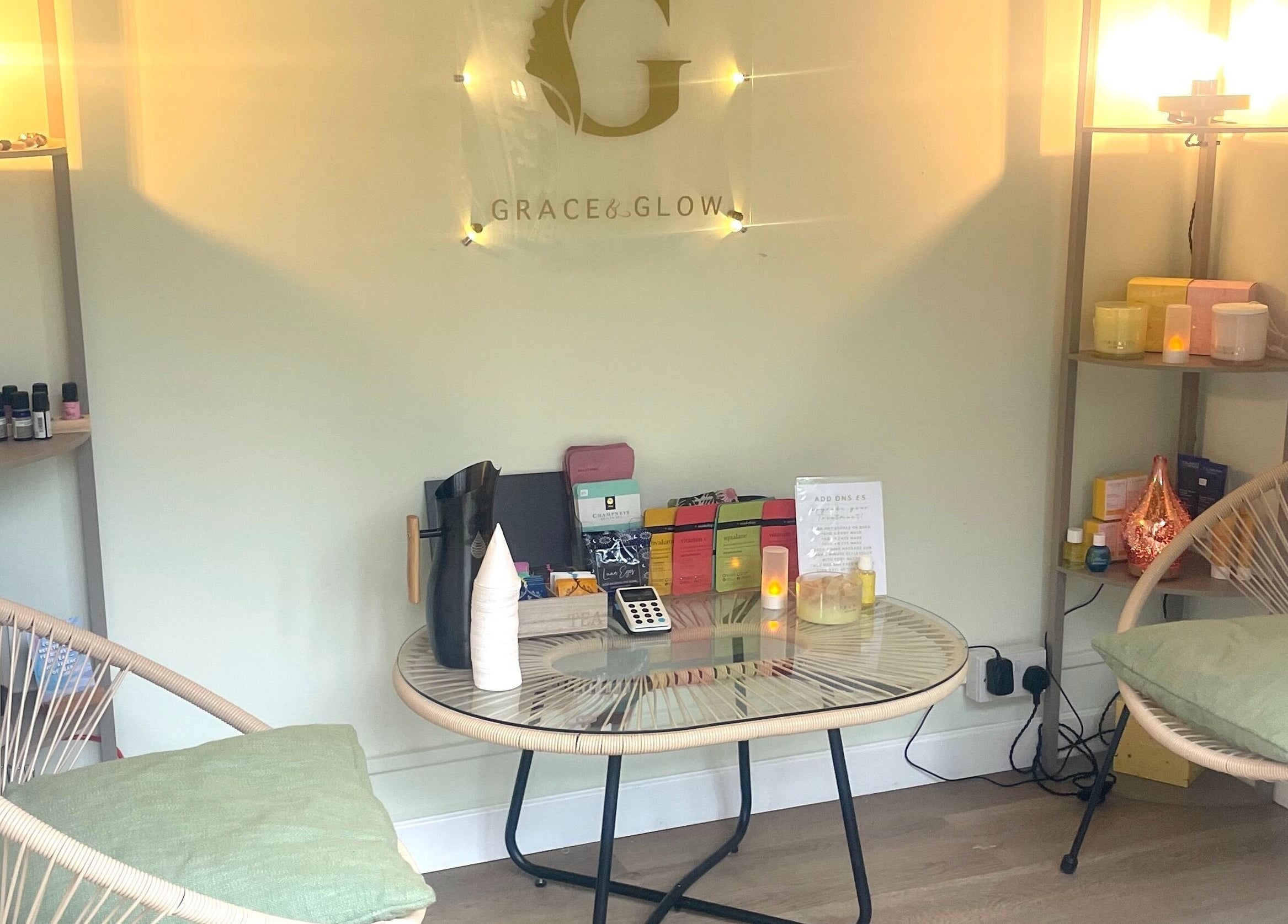 Grace & Glow spa reception area in Maidstone, England, GB with elegant decor and relaxing atmosphere.