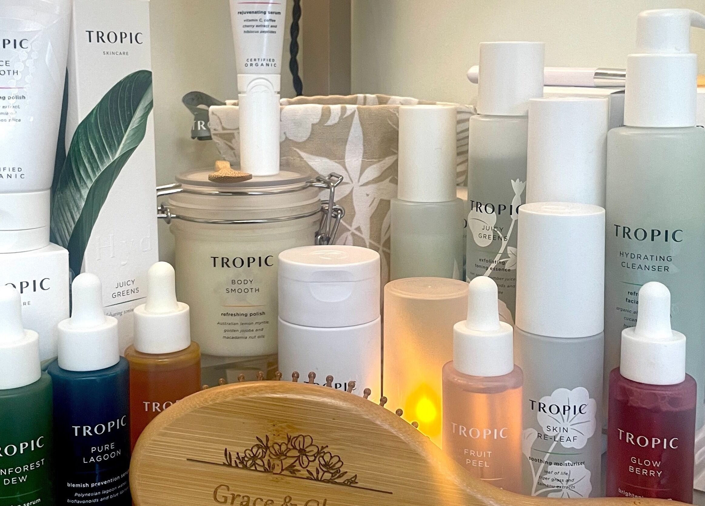 Tropic skincare products on display at Grace & Glow, Maidstone, England, GB, showcasing organic beauty essentials.