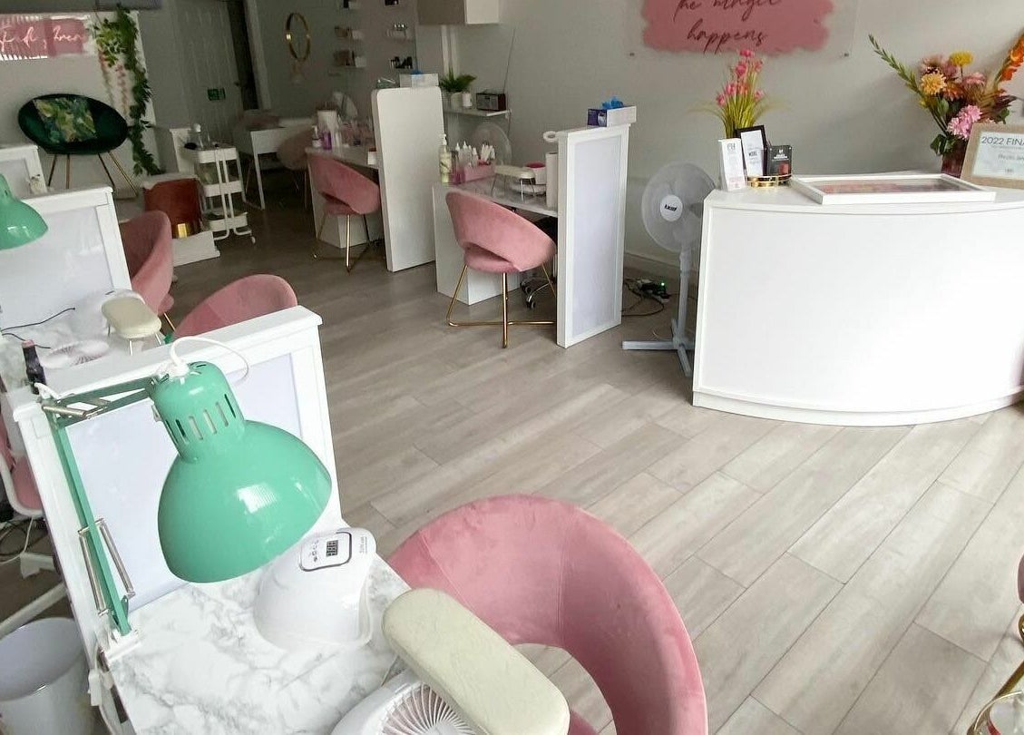 Stylish interior of FN Gel Bar in Rowley Regis, England, GB showcasing modern decor and nail stations.