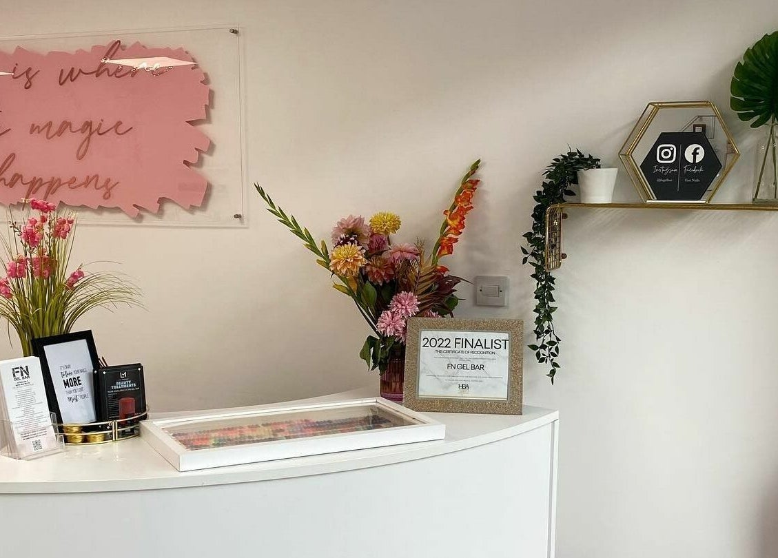 FN Gel Bar reception area showcasing a stylish decor in Rowley Regis, England, GB.