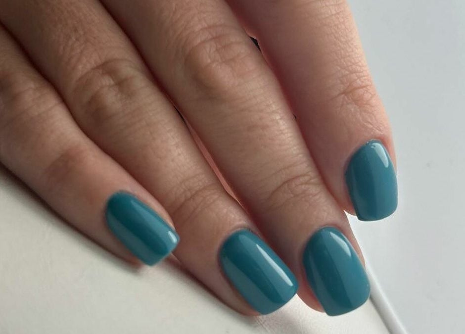 Stylish azure blue manicure at FN Gel Bar, Rowley Regis, England, GB showcasing elegant nail art.