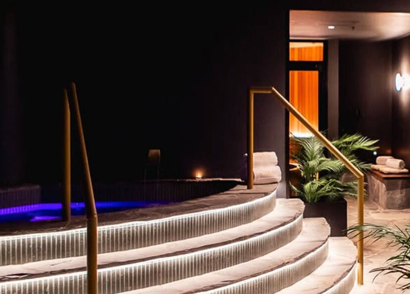 Elegant spa entrance with glowing steps at Solace Day Spa, Scarborough, Western Australia, AU.