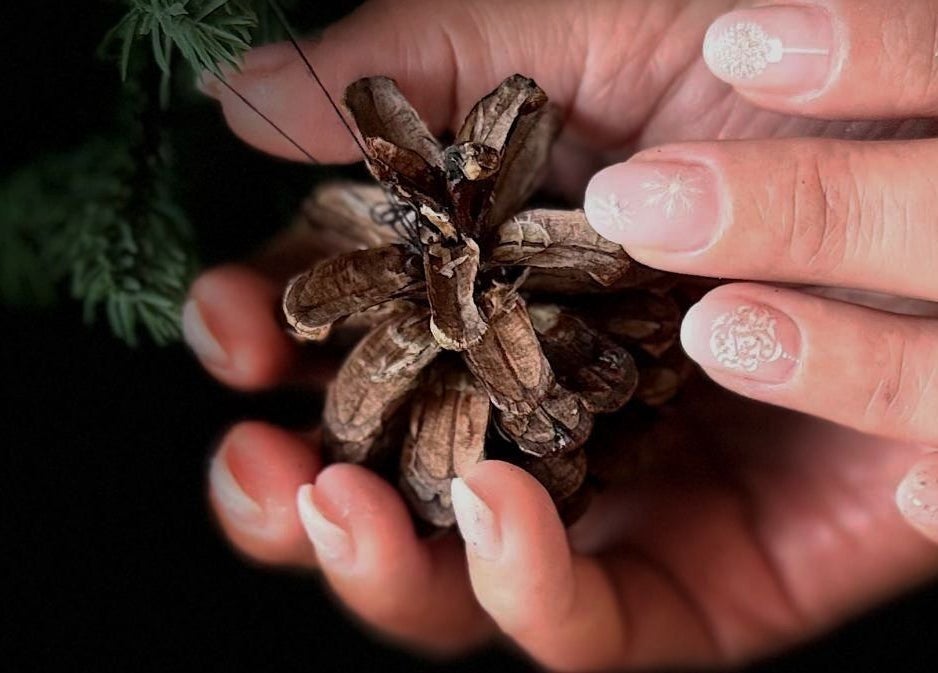 Unghii cu design artistic la Guapa Studio, Cluj-napoca, Județul Cluj, RO, capturate alături de un con de brad.