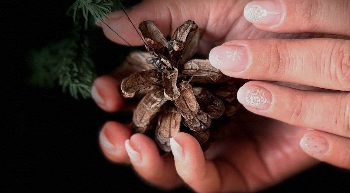 Unghii cu design artistic la Guapa Studio, Cluj-napoca, Județul Cluj, RO, capturate alături de un con de brad.