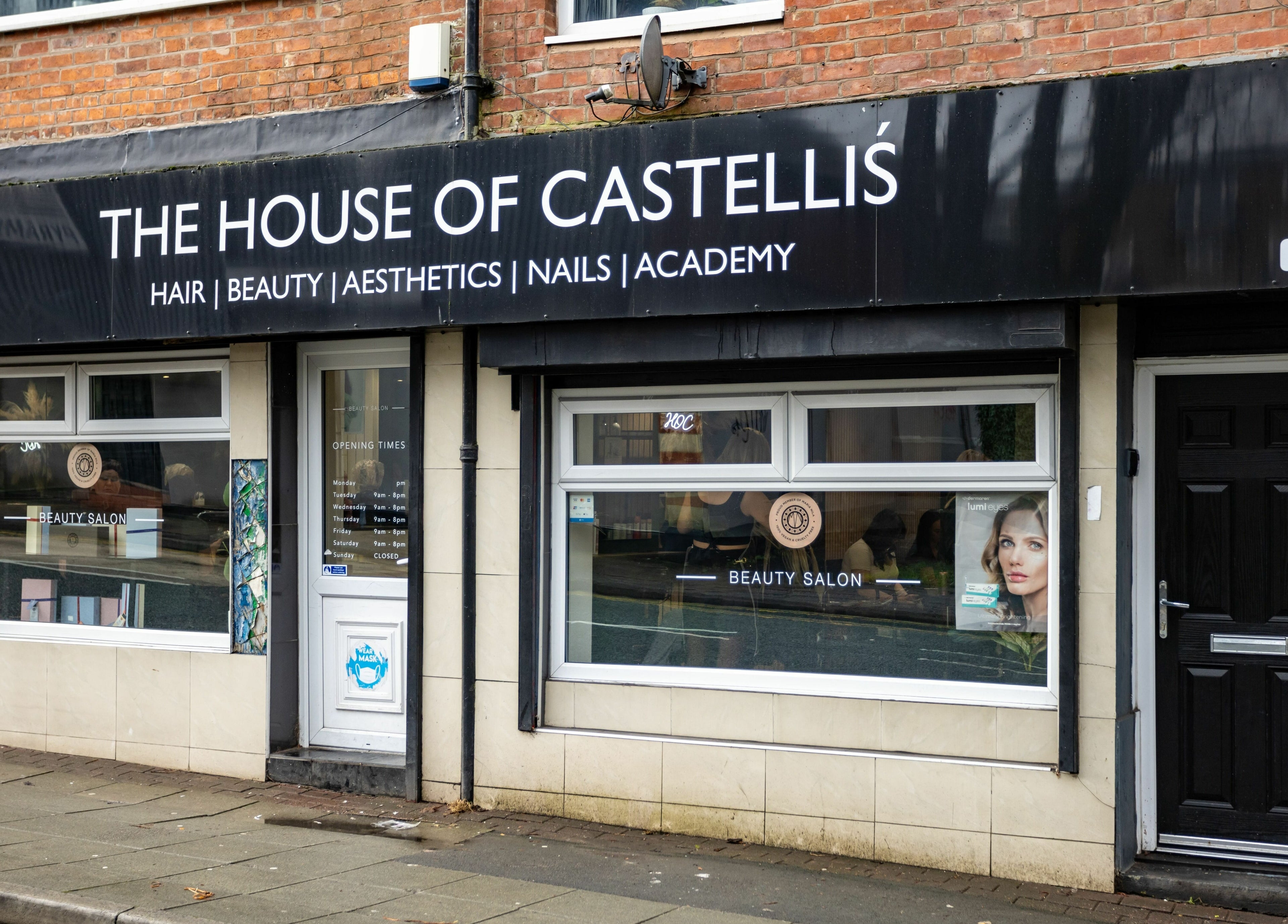Exterior of The House of Castelliś in Hyde, England, GB showcasing a modern beauty salon facade.