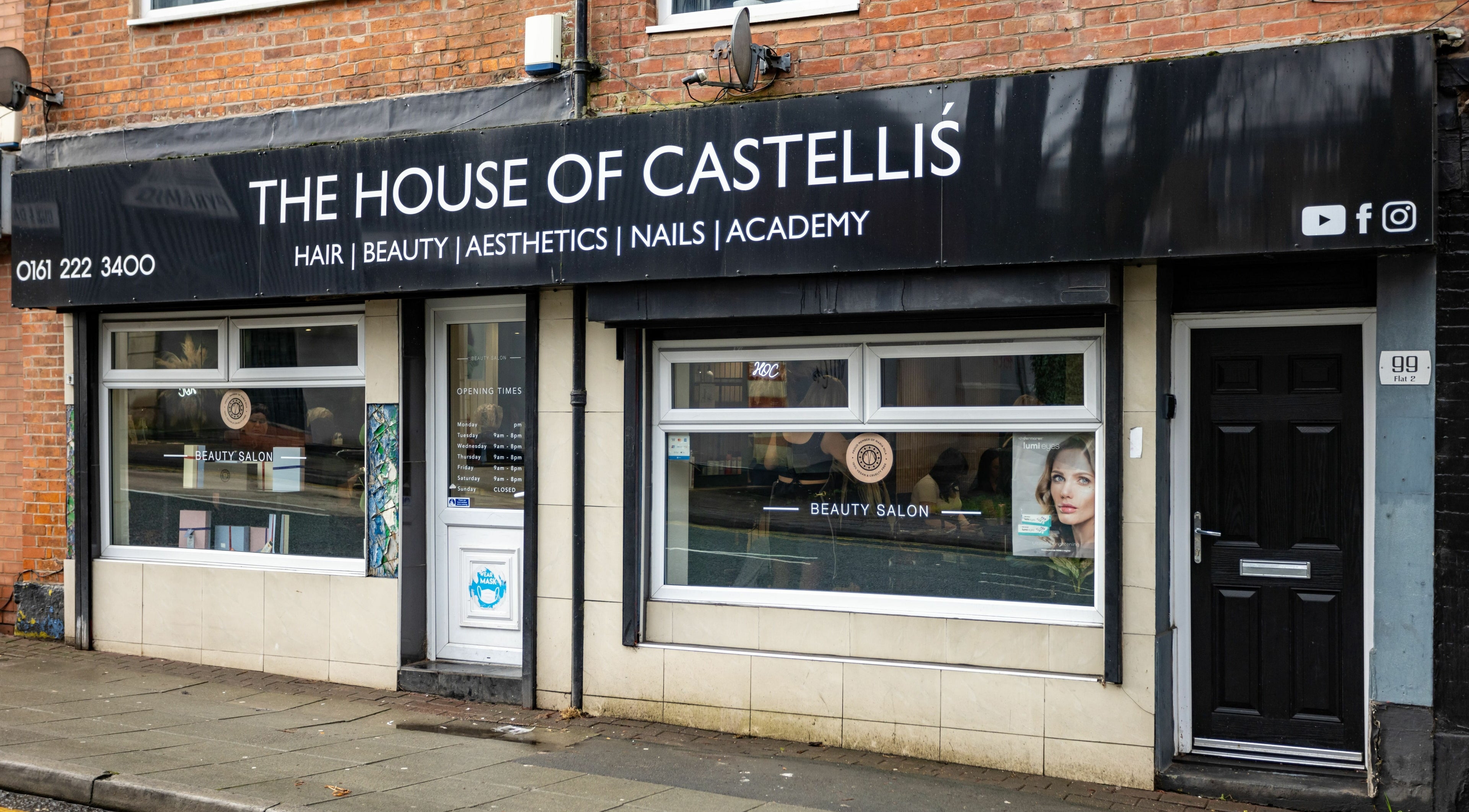 Exterior of The House of Castelliś in Hyde, England, GB showcasing a modern beauty salon facade.