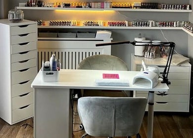 Pampered Beauty nail studio in Elphinstone, Scotland, GB, featuring modern manicure stations and organized polishes.