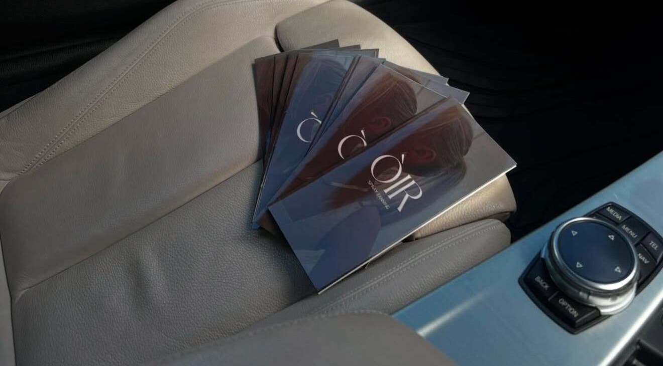 Òir Spray Tanning brochures on car seat, Perth and Kinross, Scotland, GB.