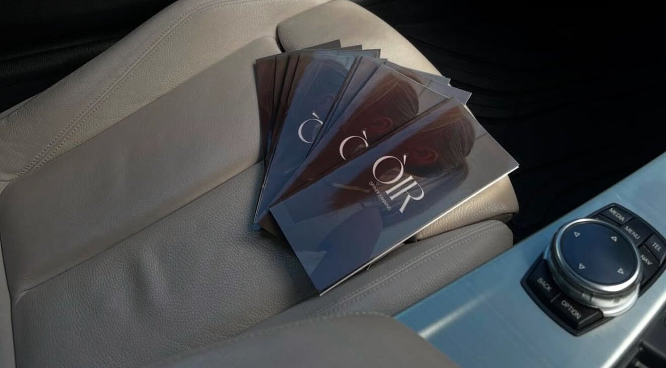 Òir Spray Tanning brochures on car seat, Perth and Kinross, Scotland, GB.
