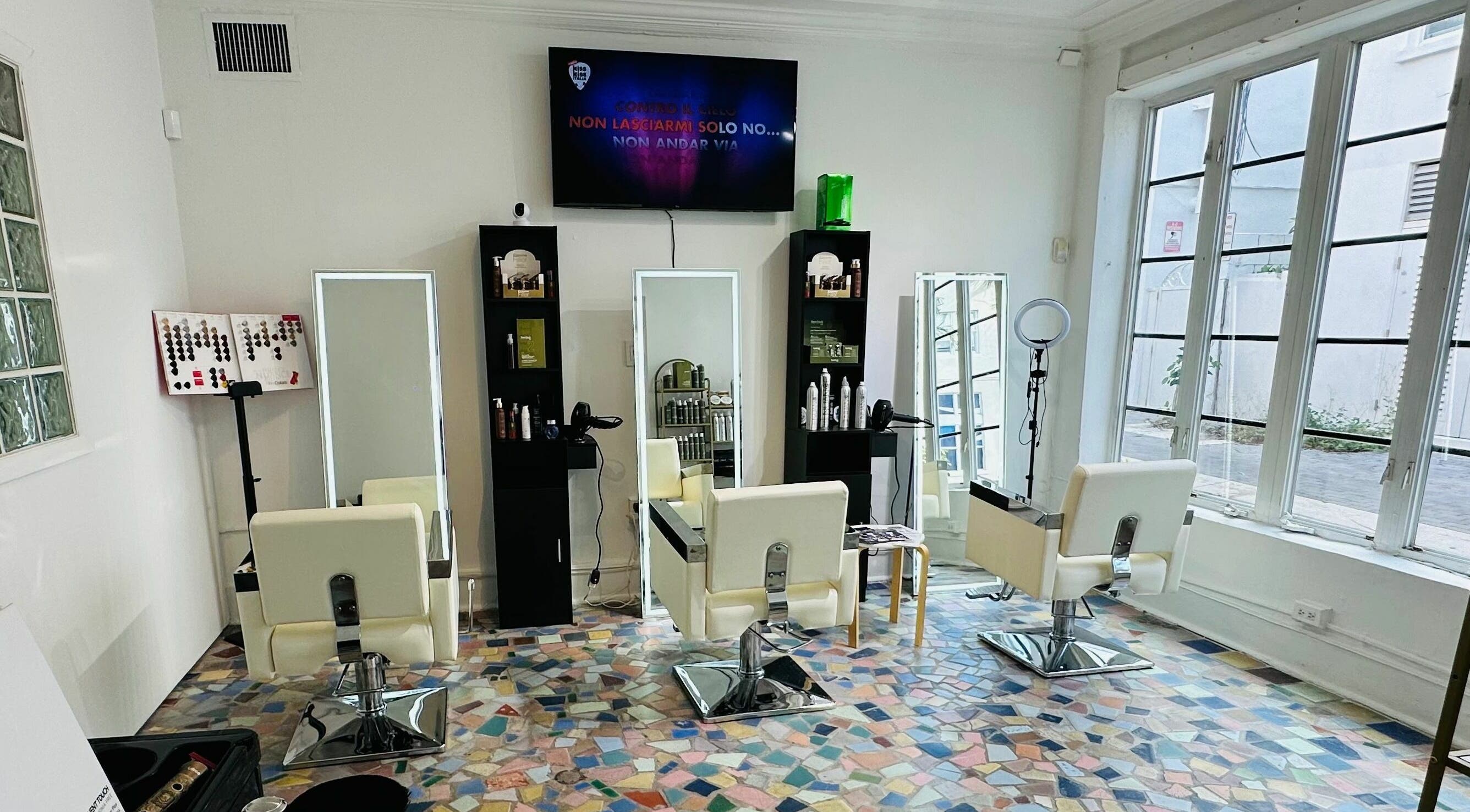 Sophisticated salon setup at Italian Concept Hair Salon Johnny Almagno, Miami Beach, Florida, US.
