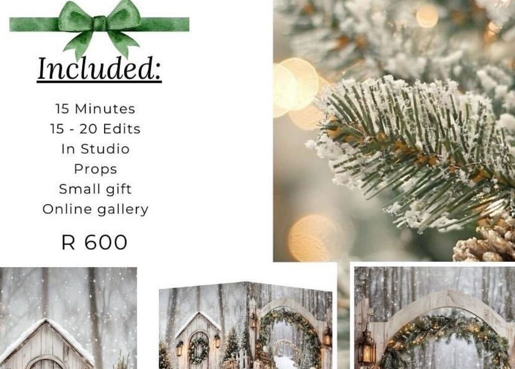 Elegant holiday photo package by Morganite Photography in Alberton, Gauteng, ZA, featuring snowy woodland decor.