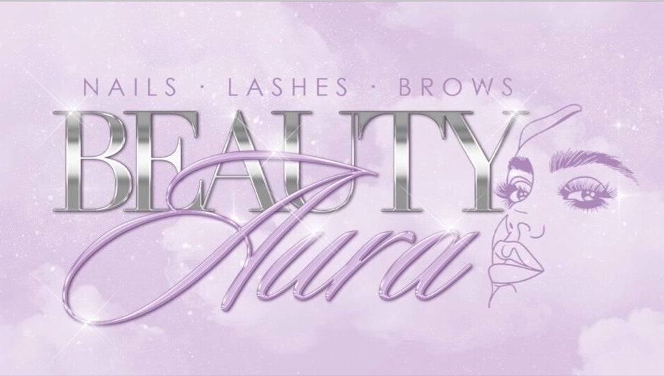 Beauty Aura logo with lashes and brows design, located in Bourne, England, GB. Elegant and inviting look.