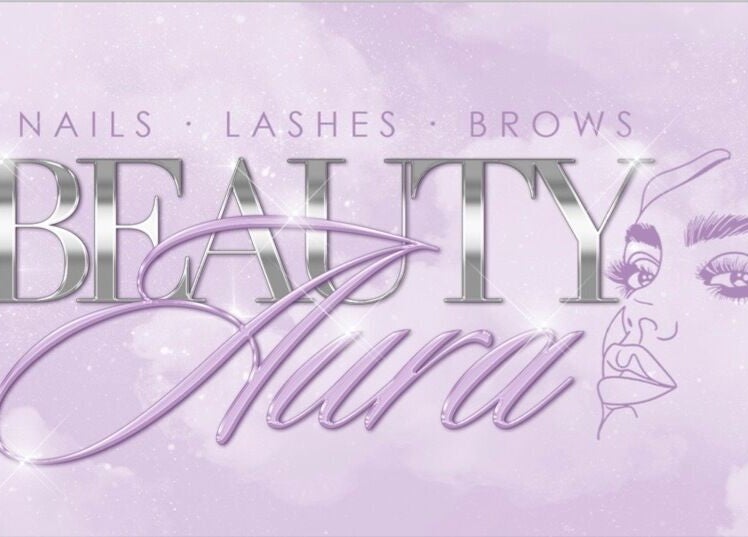 Beauty Aura logo with lashes and brows design, located in Bourne, England, GB. Elegant and inviting look.