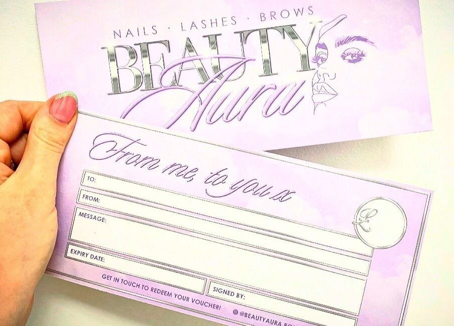Beauty Aura gift voucher design with a pastel theme, located in Bourne, England, GB.