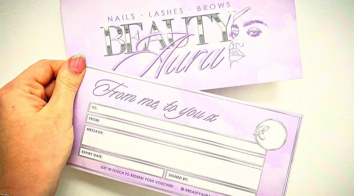 Beauty Aura gift voucher design with a pastel theme, located in Bourne, England, GB.