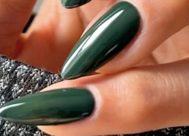 Elegant dark green manicured nails at Proud Nails, Cape Town, Western Cape, ZA.