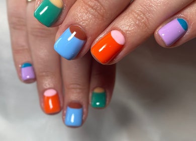 Bright colorful nails with modern art design at Lozzy Nails, Brentwood, England, GB.