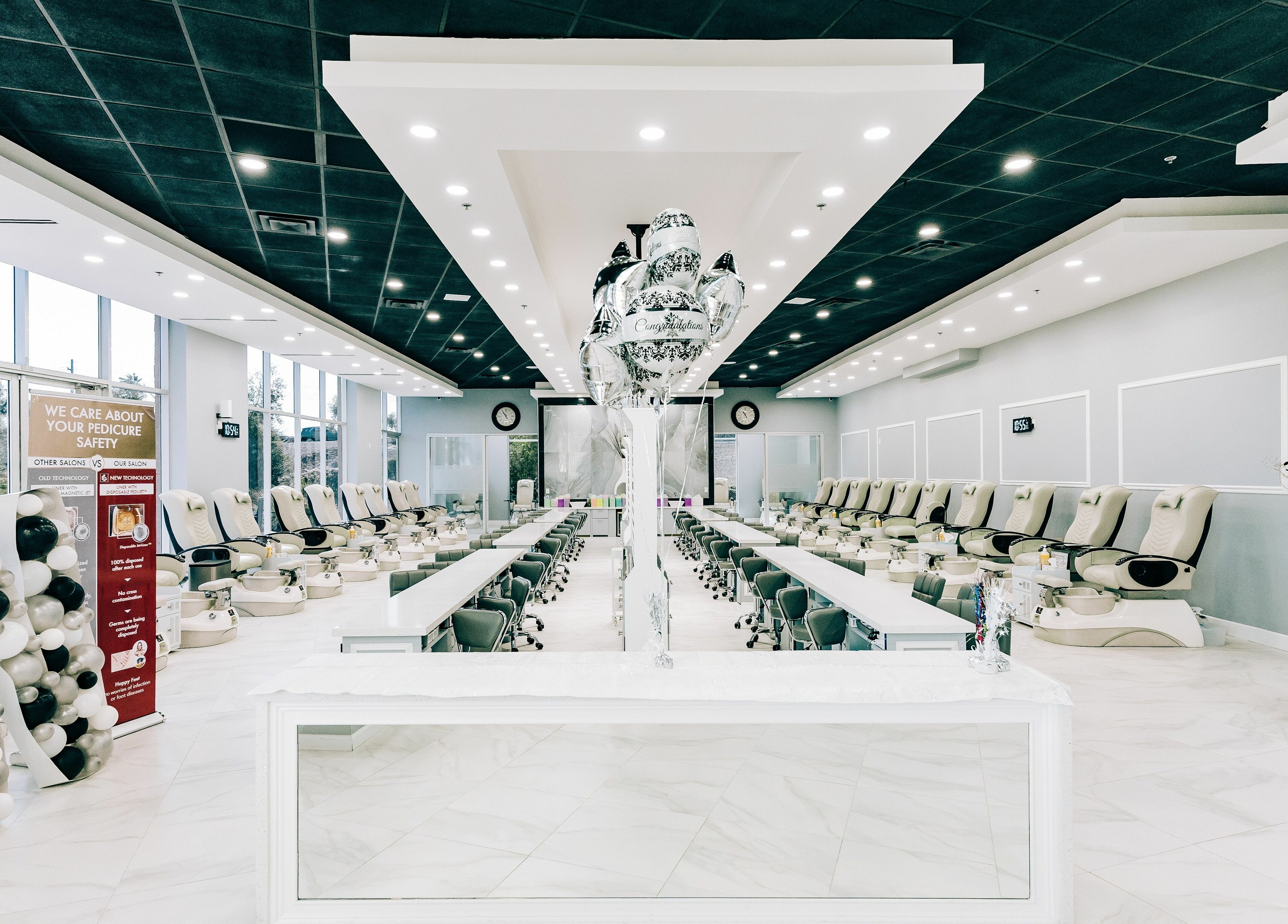 Spacious interior of Greenfield Nails and Spa - Chandler with luxurious pedicure chairs in Chandler, Arizona, US.
