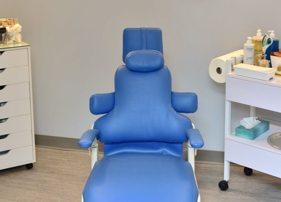 Relaxing blue spa chair at Face Reflections, Inc., Bloomingdale, Illinois, US. Ready for beauty treatments.