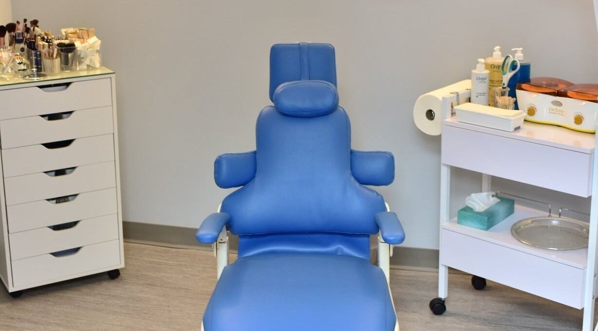 Relaxing blue spa chair at Face Reflections, Inc., Bloomingdale, Illinois, US. Ready for beauty treatments.