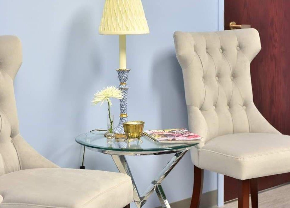 Elegant waiting area at Face Reflections, Inc. in Bloomingdale, Illinois, US with plush chairs and decor.