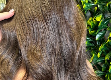Shiny brown hair styled at SBKHair&Beauty, Crestmead, Queensland, AU with a lush green backdrop.