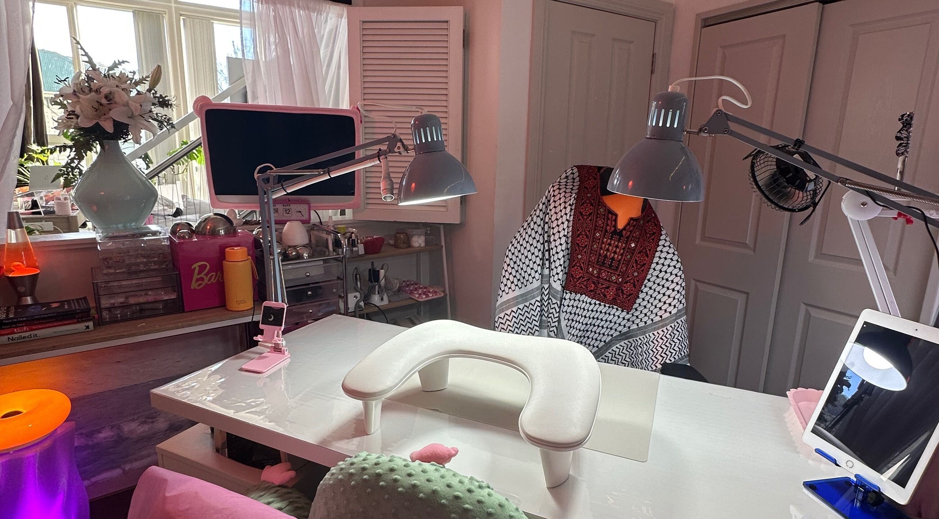 Cozy nail station at Hecticnails, Wellington, NZ with modern decor and manicure tools.