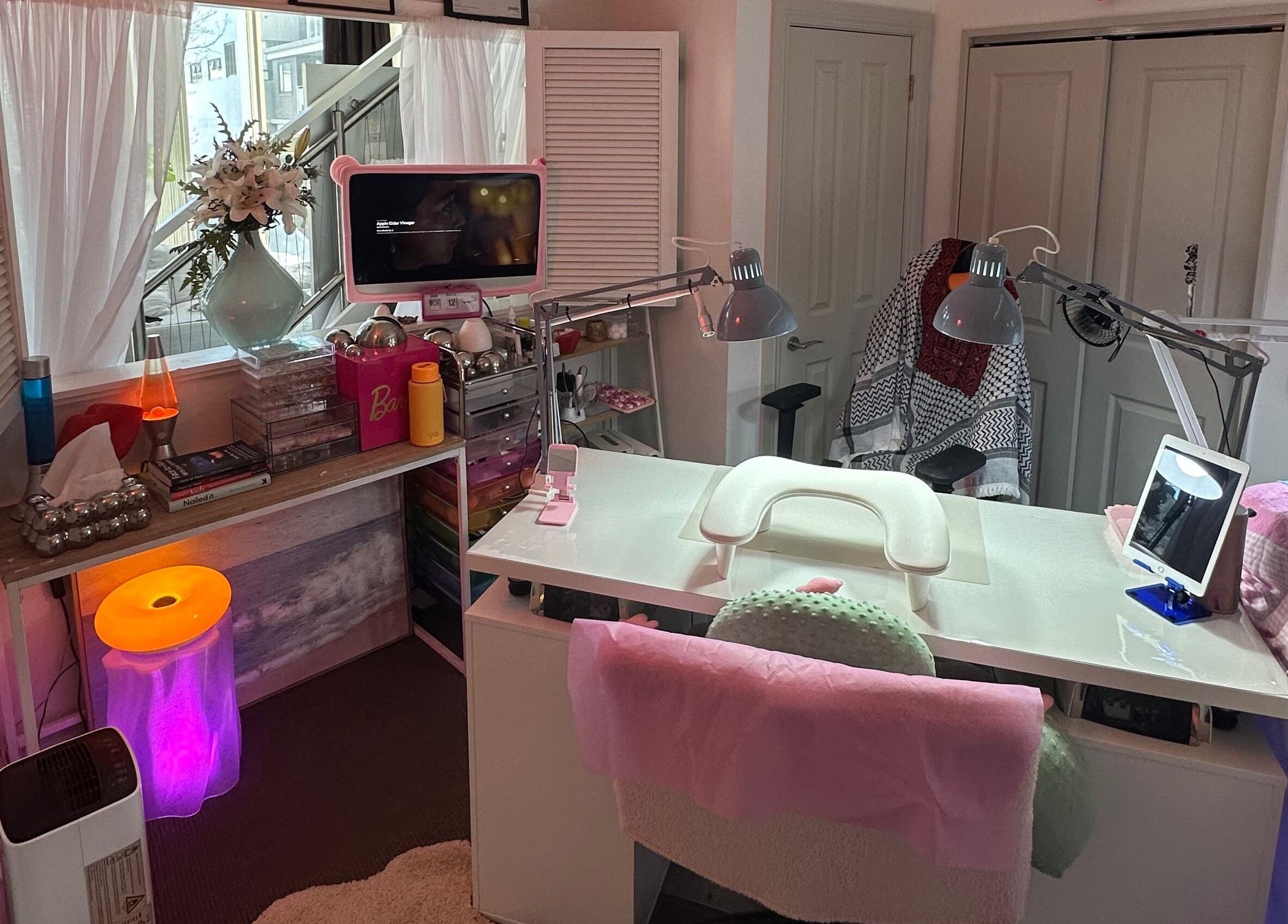 Chic and cozy nail station at Hecticnails, Wellington, Wellington Region, NZ with elegant decor and lighting.