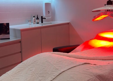 LED therapy setup at The Skin Element - Aesthetic Clinic, Southport, Queensland, AU. Cozy and modern.