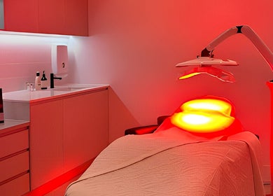 Therapy room at The Skin Element - Aesthetic Clinic in Southport, Queensland, AU with soothing red light therapy.