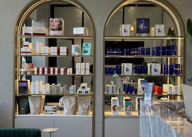 Chic skincare product display at The Skin Element - Aesthetic Clinic, Southport, Queensland, AU.