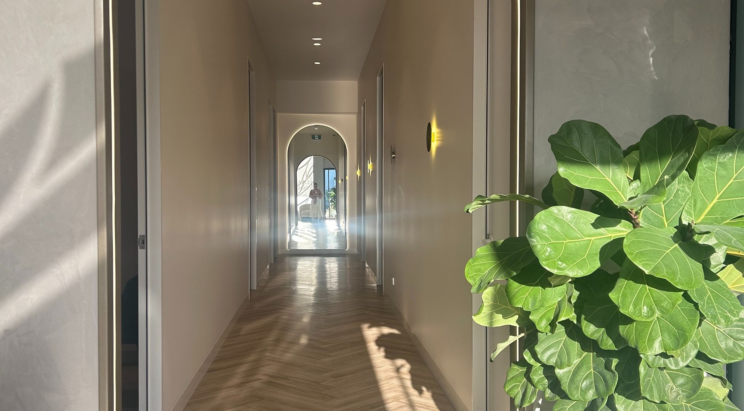 Elegant hallway at The Skin Element - Aesthetic Clinic in Southport, Queensland, AU with soft lighting and greenery.