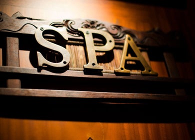 Elegant wooden spa sign at Sarila Spa At Salana Boutique Hotel, Vientiane, Vientiane Prefecture, LA.