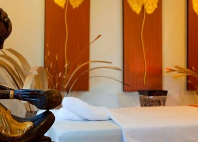 Elegant spa room with sculpture at Sarila Spa At Salana Boutique Hotel, Vientiane, Vientiane Prefecture, LA.