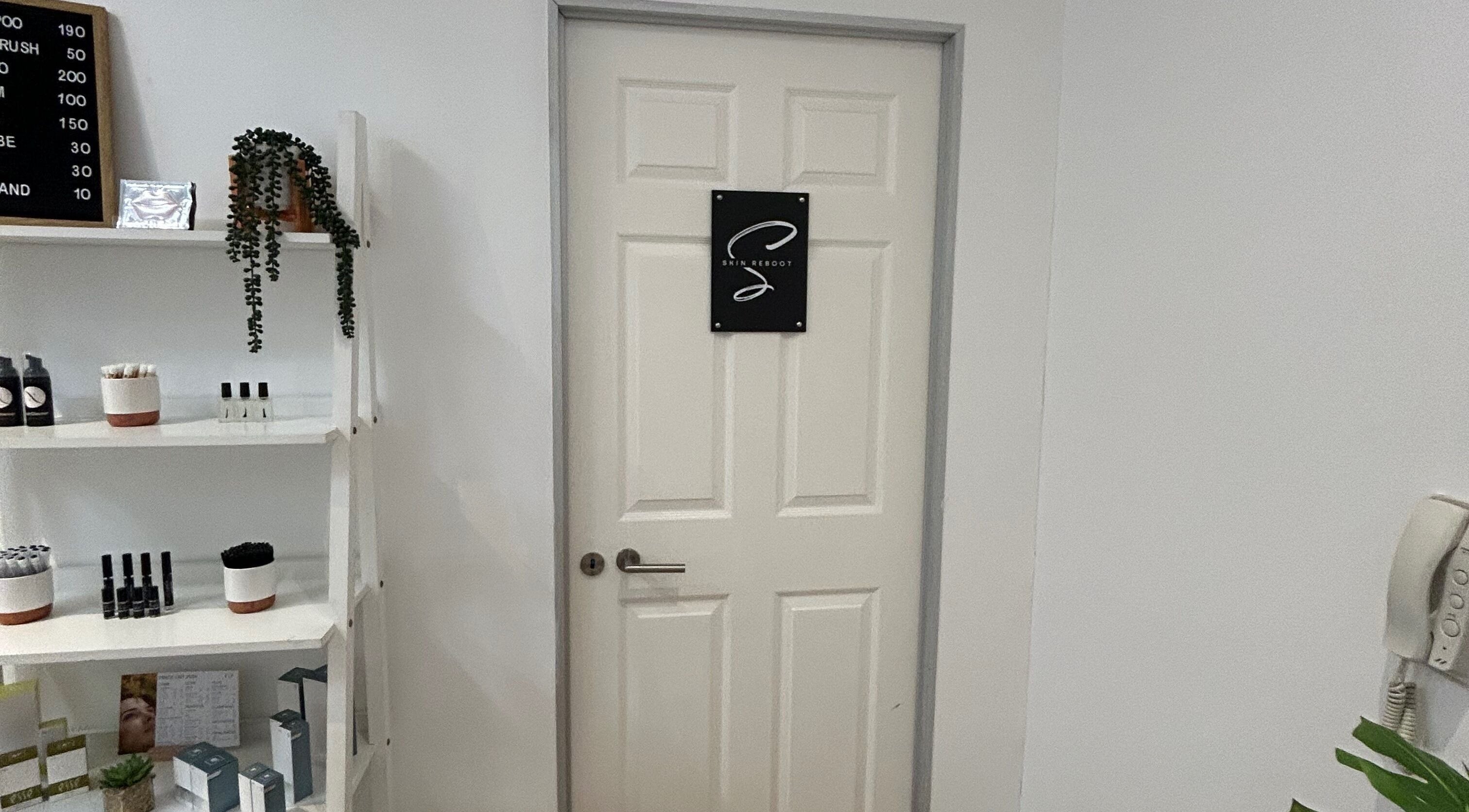 Entrance to Skin Reboot in Cape Town, Western Cape, ZA with product display on shelves.