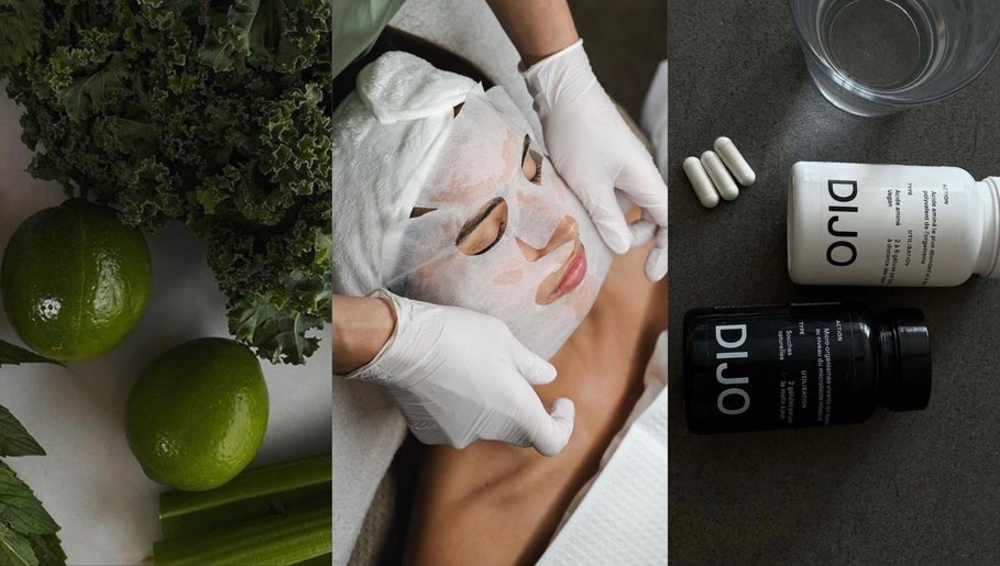 Collage of kale, facial mask treatment, and supplements at Nataly Evo, Cannes, Provence-alpes-côte D'azur, FR.