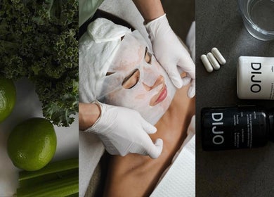 Collage of kale, facial mask treatment, and supplements at Nataly Evo, Cannes, Provence-alpes-côte D'azur, FR.