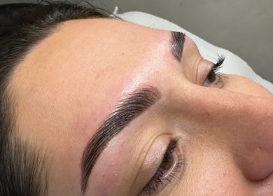 Close-up of freshly groomed eyebrows at Made By Mel, Livingston, Scotland, GB.